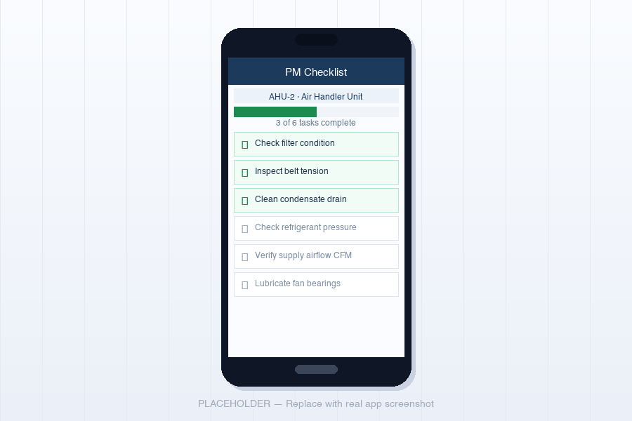 PM checklist completion on mobile app
