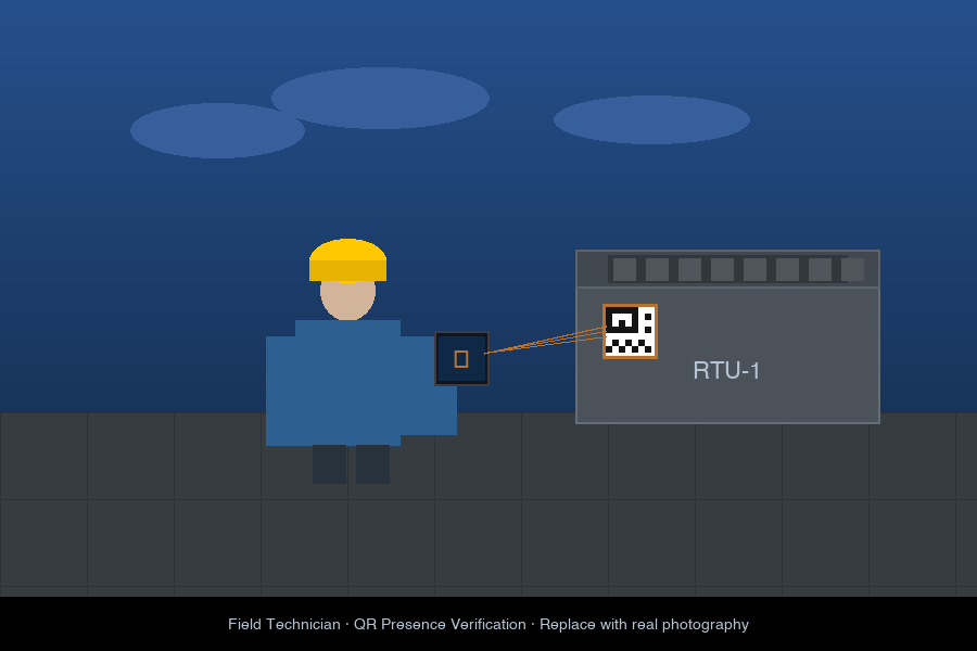 Field technician scanning QR code on rooftop RTU